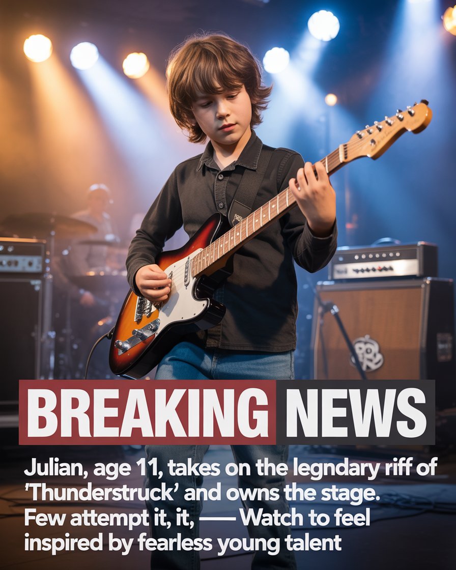 Julian, age 11, takes on the legendary riff of “Thunderstruck” and owns the stage.